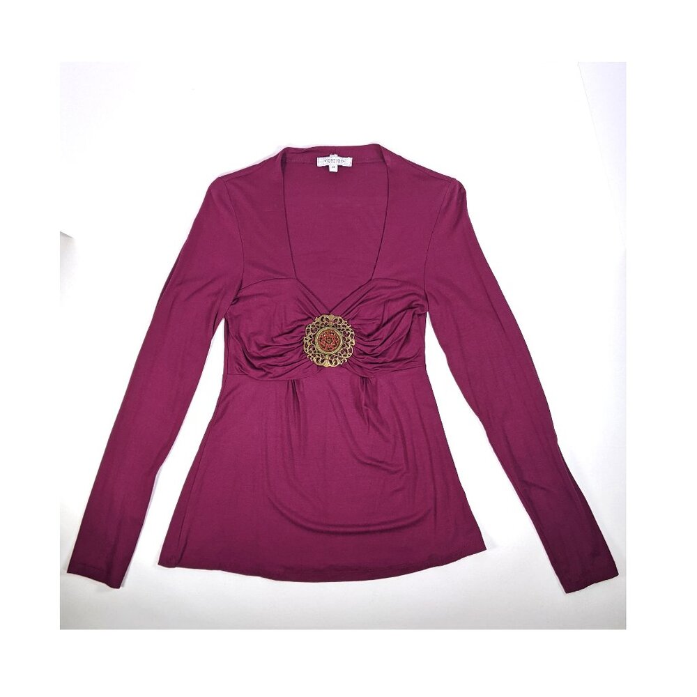 Vertigo Y2K ruched bodycon medallion Baby Doll stretch tunic top Sz M Purple - Picture 4 of 6